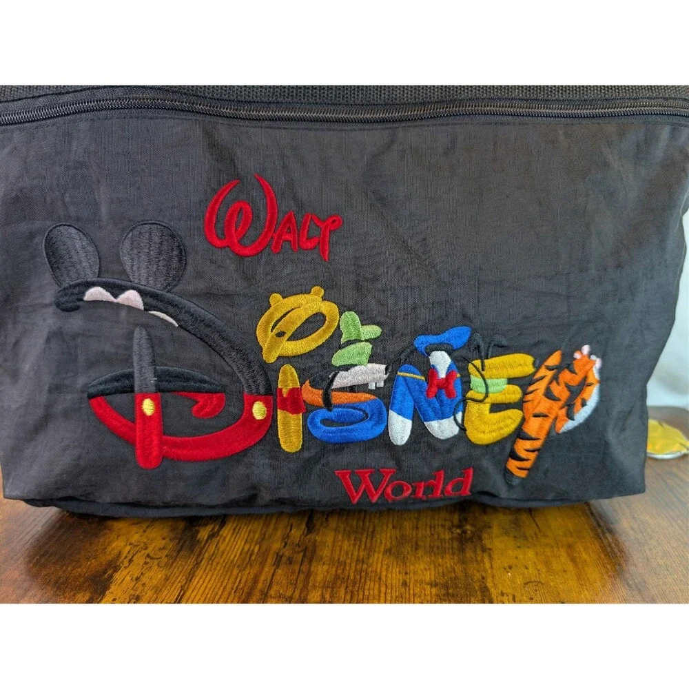 Vtg Walt Disney World Tote Bag Black Nylon Embroidered Character Spell Out Retro